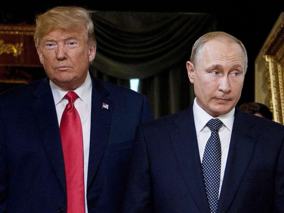 PHOTO: President Donald Trump (L) and Russian President Vladimir Putin arrive for a meeting in Helsinki, July 16, 2018.