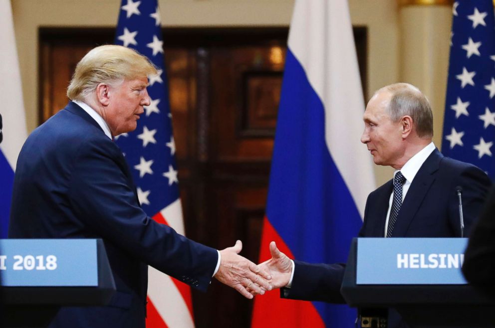 PHOTO: President Donald Trump shakes hand with Russian President Vladimir Putin at the end of the press conference at the Presidential Palace in Helsinki, Finland, July 16, 2018.