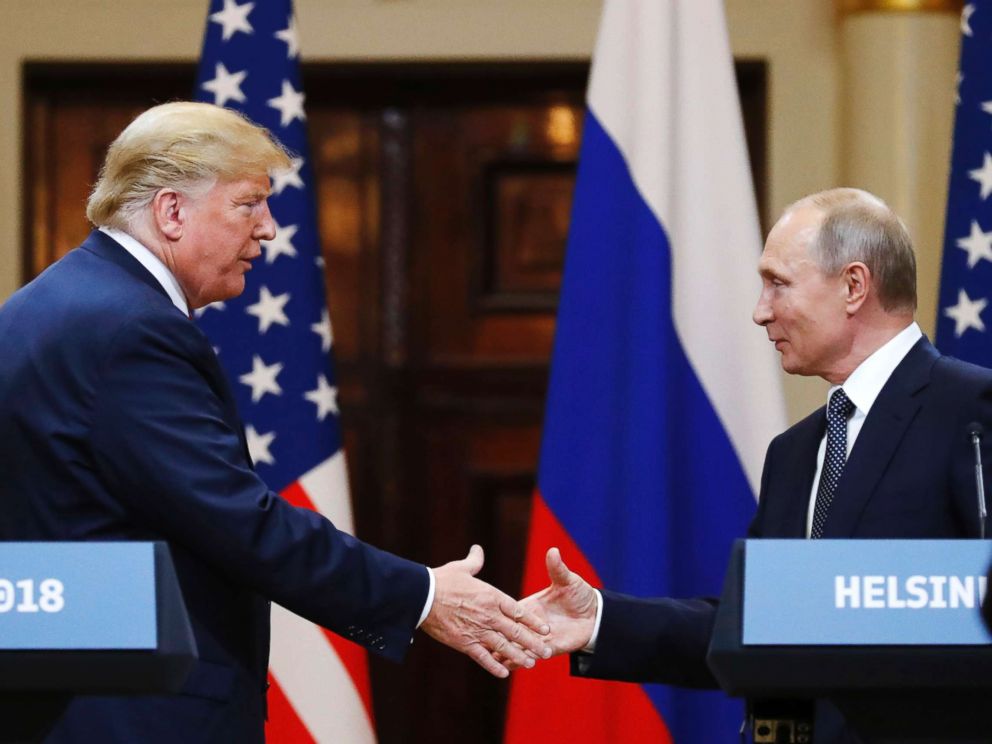   PHOTO: President Donald Trump shakes hands with Russian President Vladimir Putin at the end of the press conference at the Presidential Palace in Helsinki, Finland, on July 16, 2018. 