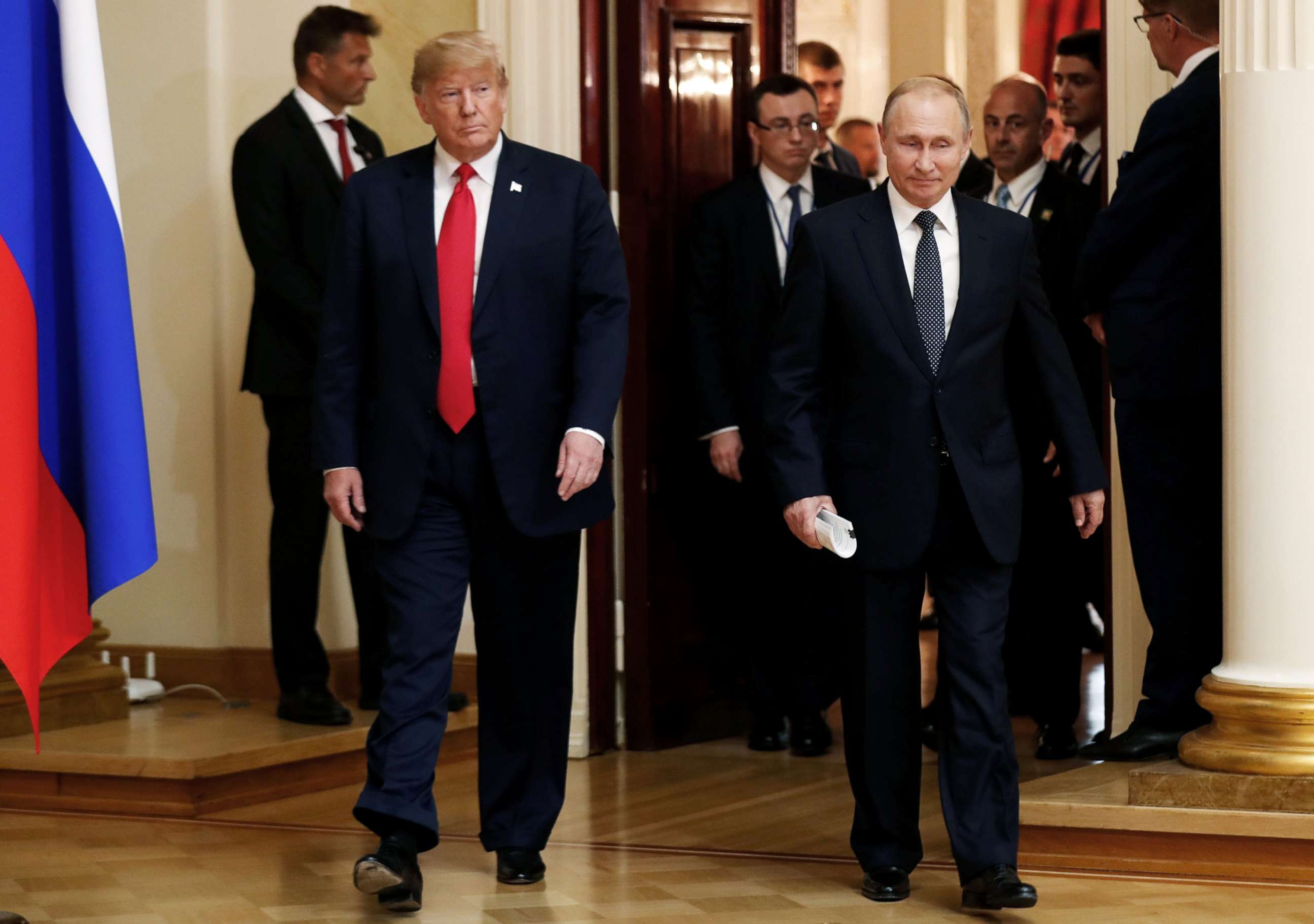 PHOTO: President Donald Trump and Russia's President Vladimir Putin arrive to hold a joint news conference after their meeting in Helsinki, July 16, 2018.