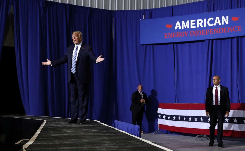 PHOTO: President Donald Trump arrives to speak at the Shell Pennsylvania Petrochemicals Complex in Monaco, Pennsylvania, Aug. 13, 2019.