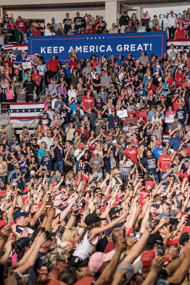 PHOTO: Supporters watch President Donald J. Trump speak during his Keep America Great Rally on September 16, 2019 at the Santa Ana Star Center in Rio Rancho, New Mexico.