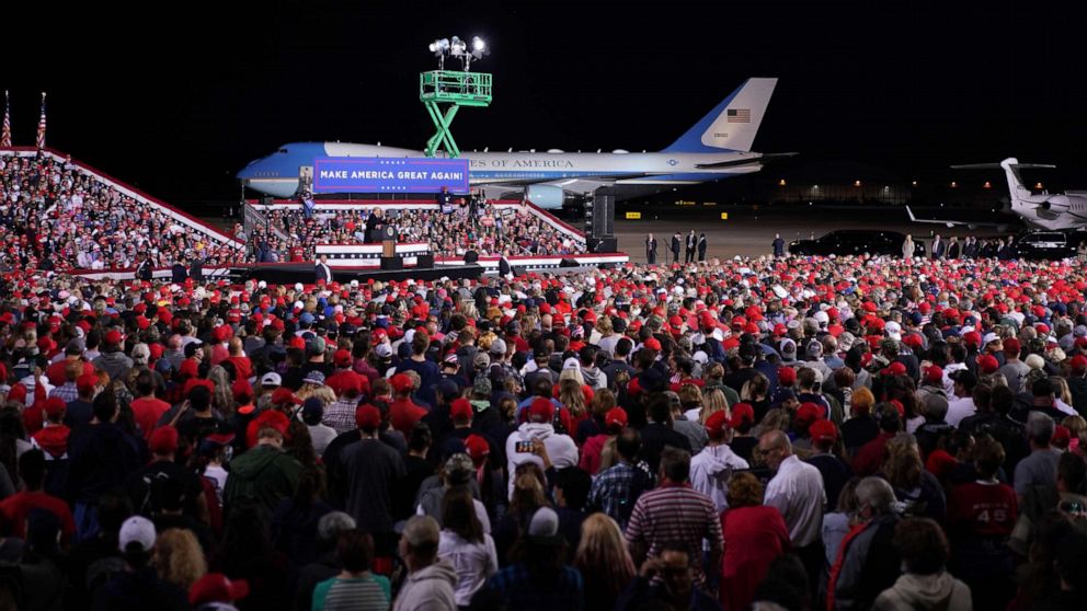 PHOTO: President Donald Trump speaks during a campaign rally at Pittsburgh International Airport in Moon Township, Pennsylvania, Sept. 22, 2020.