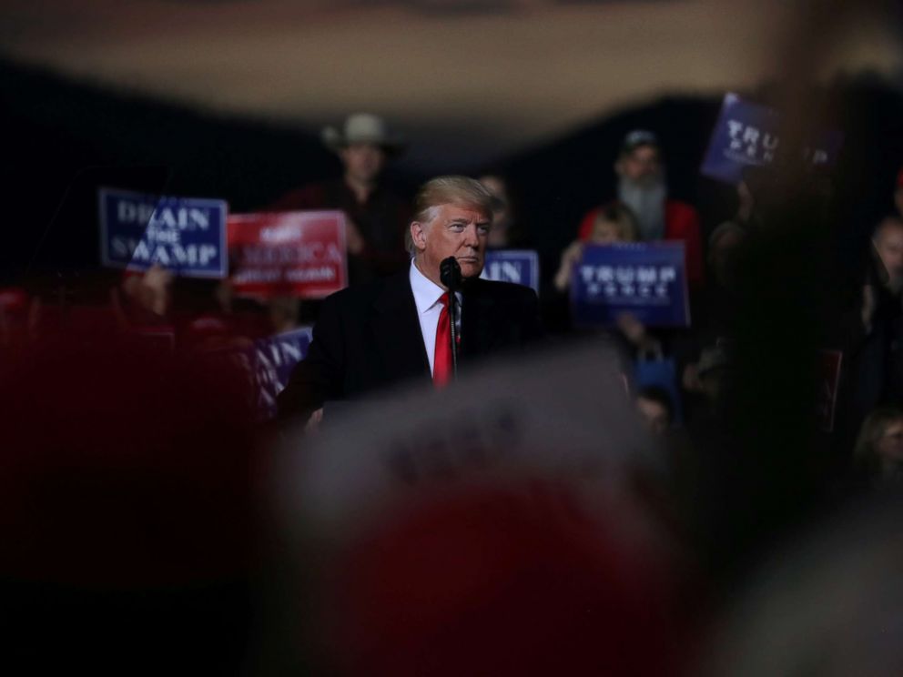 PHOTO: President Donald Trump speaks during a campaign rally at Missoula International Airport in Missoula, Mont., Oct. 18, 2018.
