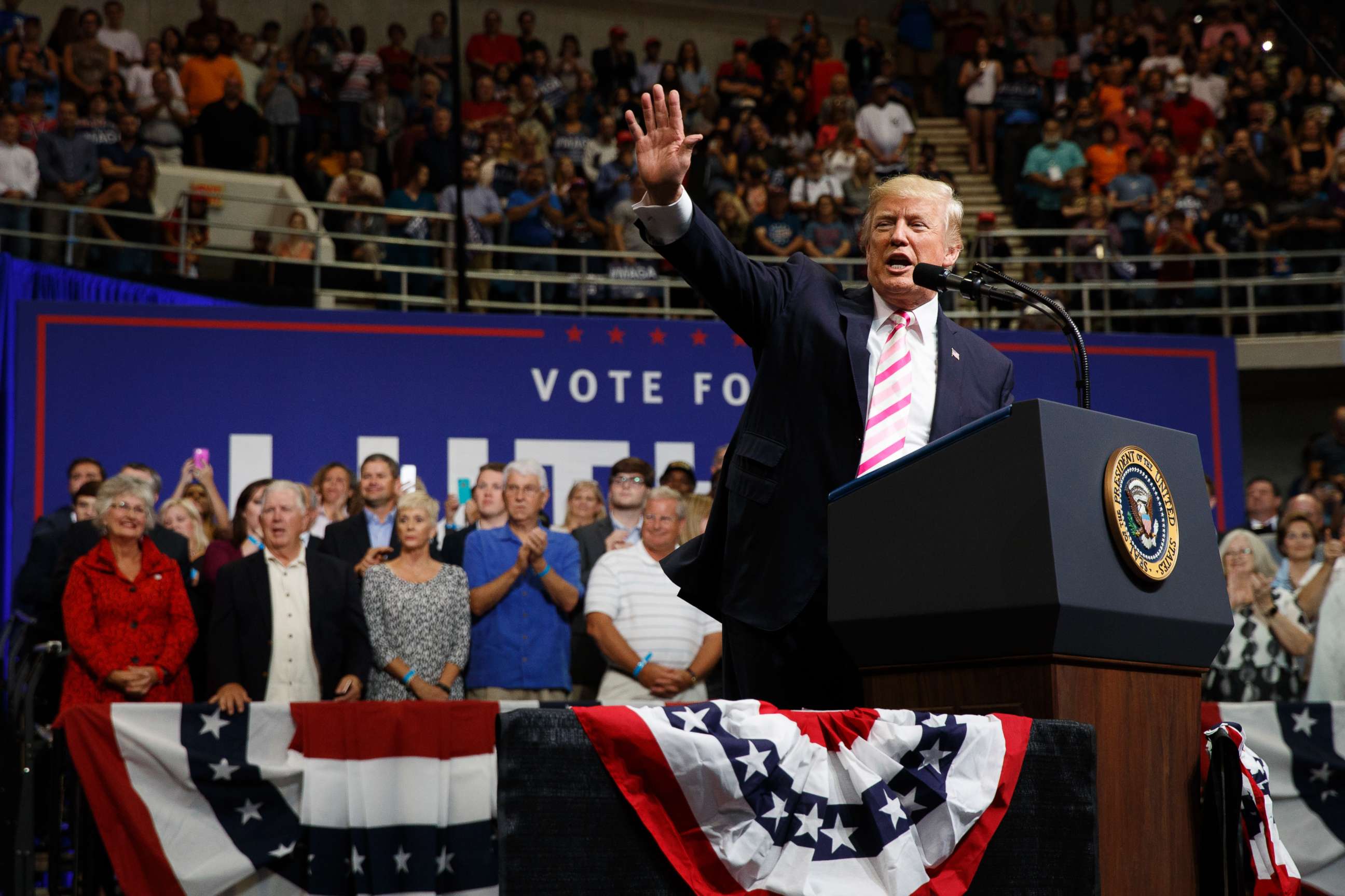 PHOTO: President Donald Trump speaks during a campaign rally for Senate candidate Luther Strange, Sept. 22, 2017, in Huntsville, Ala.