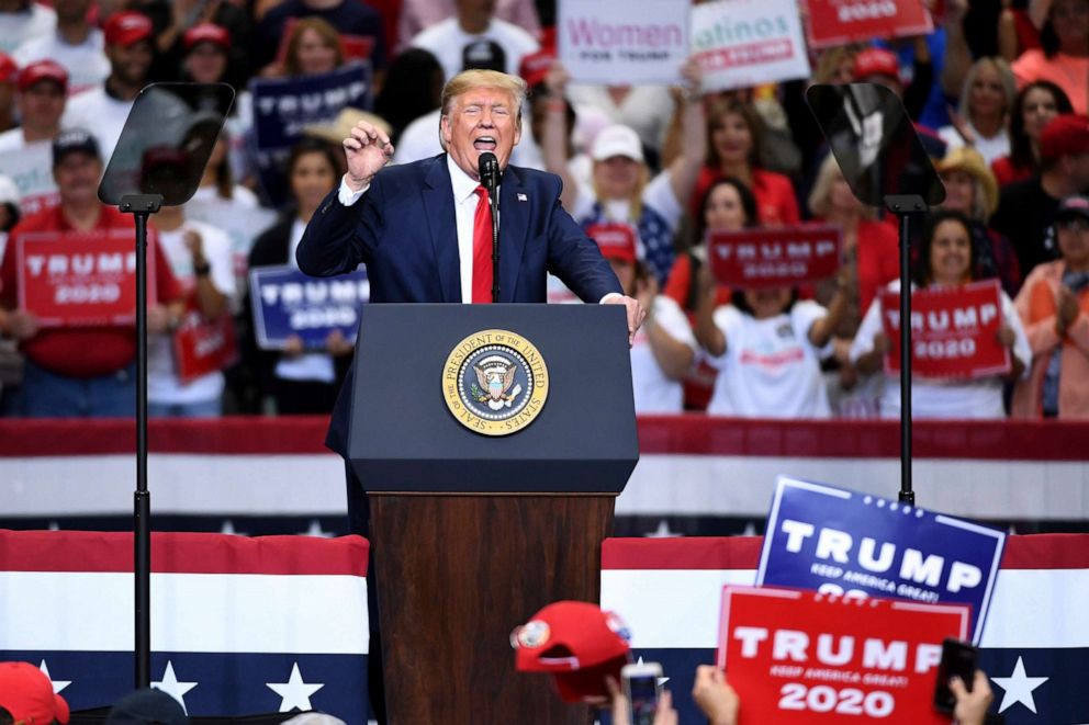 PHOTO: President Donald Trump speaks during a campaign rally, Oct. 17, 2019, at the American Airlines Center in Dallas.