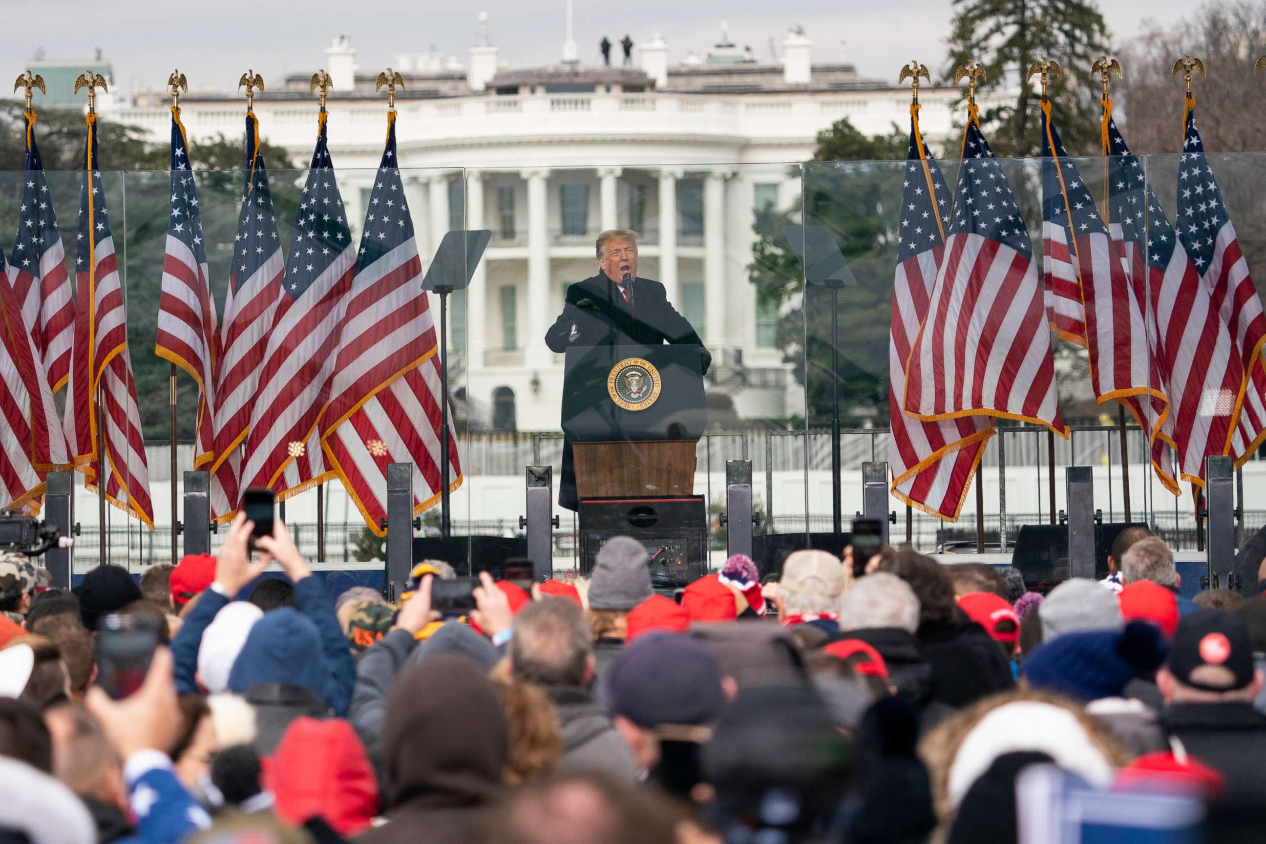 PHOTO: President Donald Trump speaks during a rally protesting the electoral college certification of Joe Biden as President, Jan. 6, 2021, in Washington.