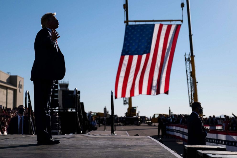 PHOTO: President Donald Trump gestures to supporters after a campaign rally at Phoenix Goodyear Airport, Oct. 28, 2020, in Goodyear, Ariz.