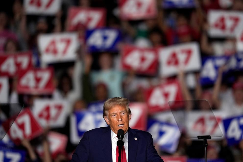 PHOTO: Republican presidential nominee former President Donald Trump speaks at a campaign rally at McCamish Pavilion, Oct. 28, 2024, in Atlanta.