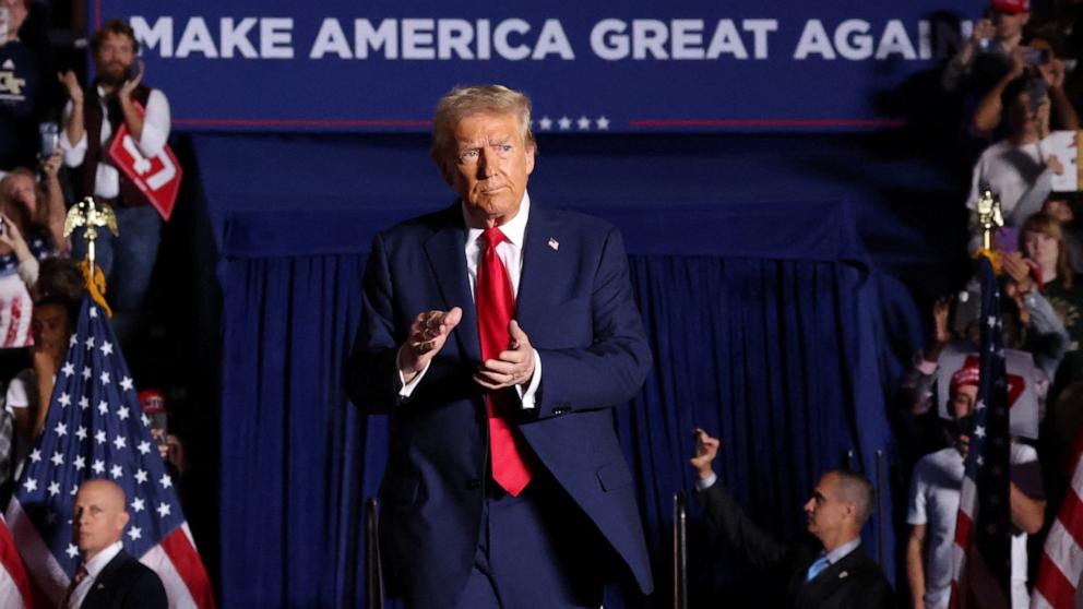 PHOTO: Republican presidential nominee former President Donald Trump attends a campaign rally at McCamish Pavilion, in Atlanta, Oct. 28, 2024.