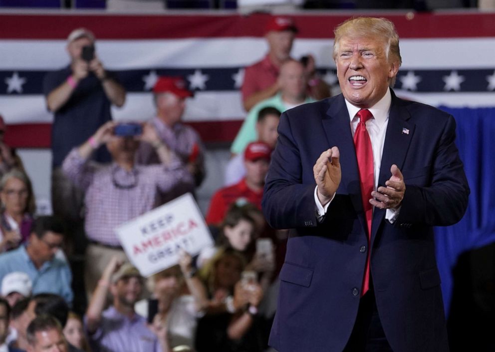 PHOTO: President Donald Trump reacts during a campaign rally in Greenville, N.C., July 17, 2019.