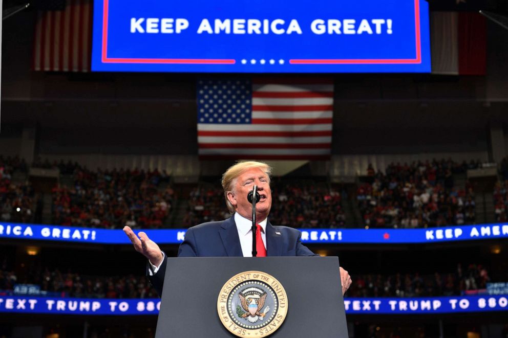 PHOTO: President Donald Trump speaks during a "Keep America Great" rally at the American Airlines Center in Dallas on Oct. 17, 2019.