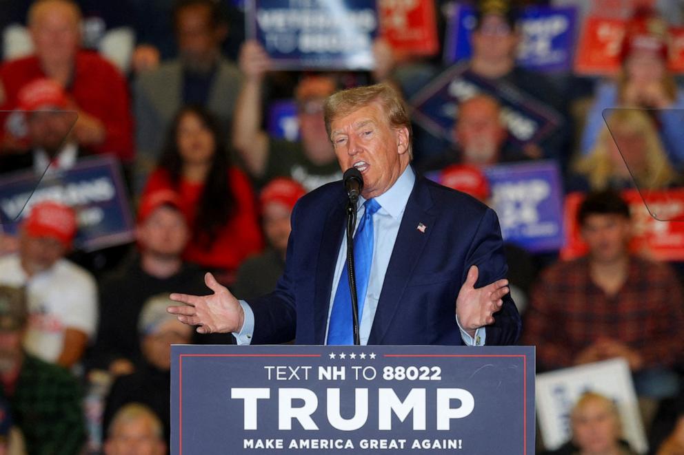 PHOTO: Republican presidential candidate and former President Donald Trump speaks during a campaign rally in Claremont, N. H., Nov. 11, 2023. 