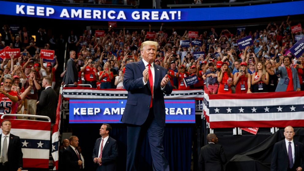 PHOTO: President Donald Trump arrives to speak at his re-election kickoff rally at the Amway Center, in Orlando, Fla., June 18, 2019.