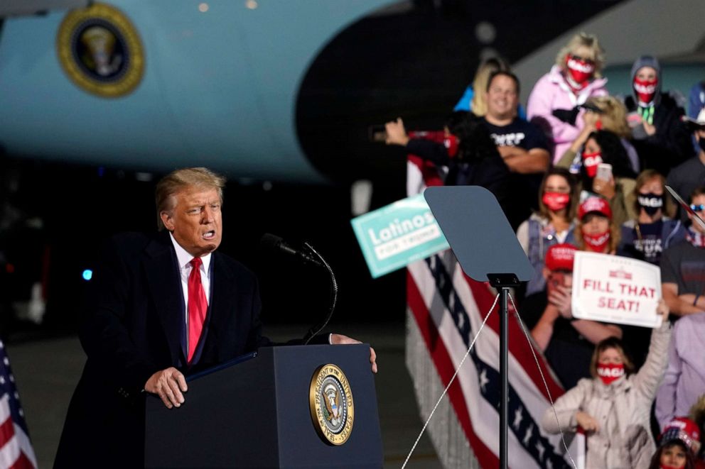 PHOTO: President Donald Trump speaks during a campaign rally at Eugene F. Kranz Toledo Express Airport, Sept. 21, 2020, in Swanton, Ohio.