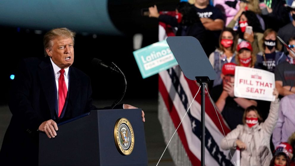 PHOTO: President Donald Trump speaks during a campaign rally at Eugene F. Kranz Toledo Express Airport, Sept. 21, 2020, in Swanton, Ohio.