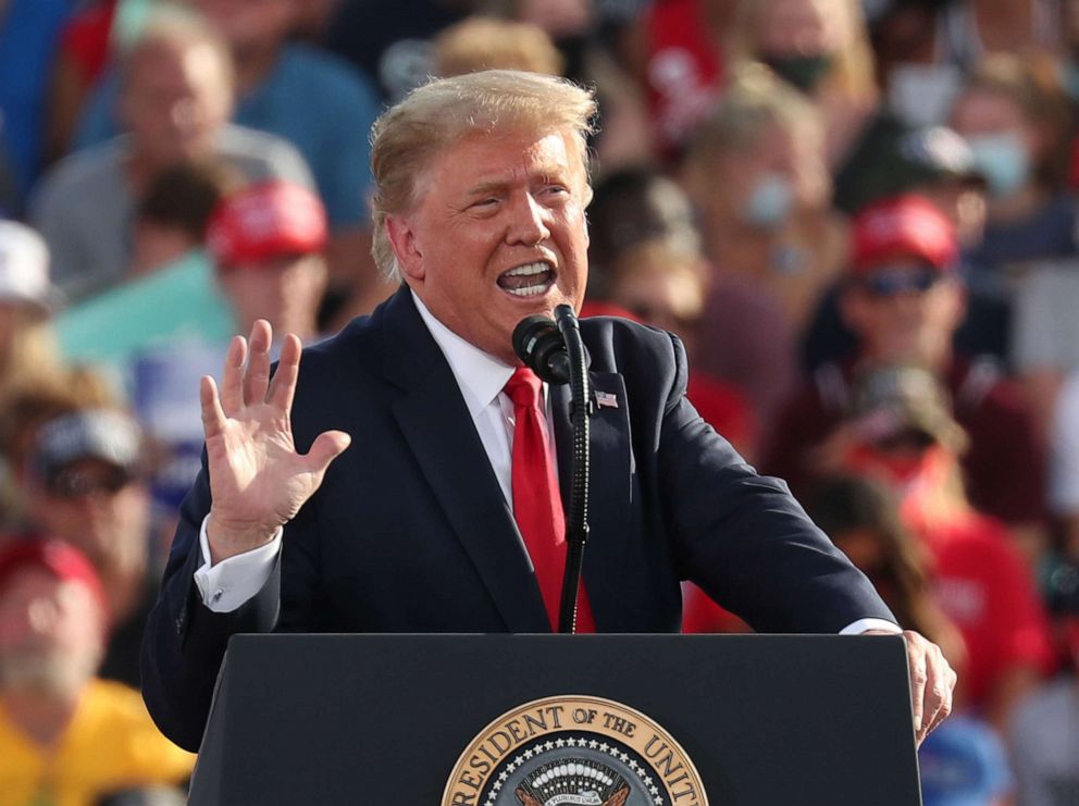 PHOTO: President Donald Trump speaks during a campaign event at the Ocala International Airport on Oct. 16, 2020, in Ocala, Fla.