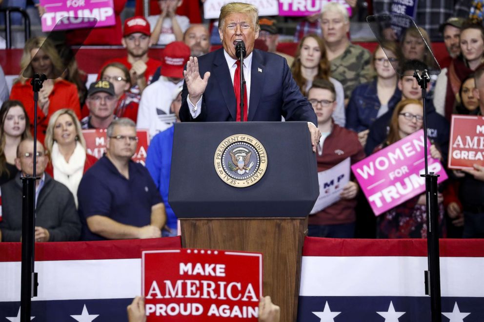 PHOTO: President Donald Trump speaks during a campaign rally for Republican Senate candidate Mike Braun at the County War Memorial Coliseum, Nov. 5, 2018, in Fort Wayne, Indiana.