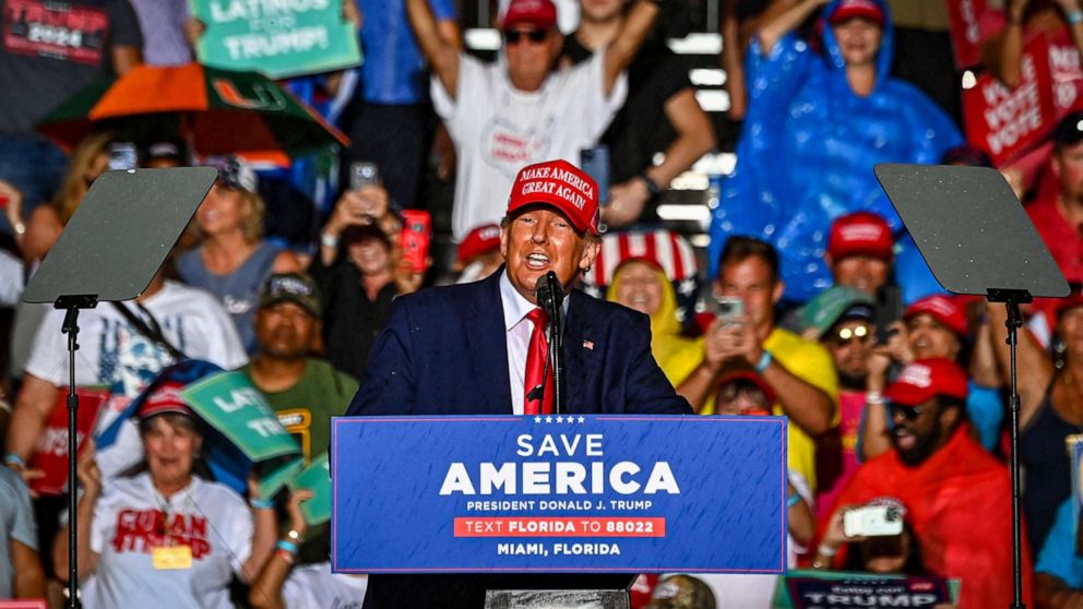 PHOTO: Former President Donald Trump speaks during a "Save America" event, November 6, 2022, in Miami.