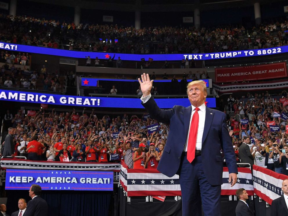 PHOTO: In this file photo, President Donald Trump arrives to speak during a rally at the Amway Center in Orlando, Fla. to officially launch his 2020 campaign on June 18, 2019.