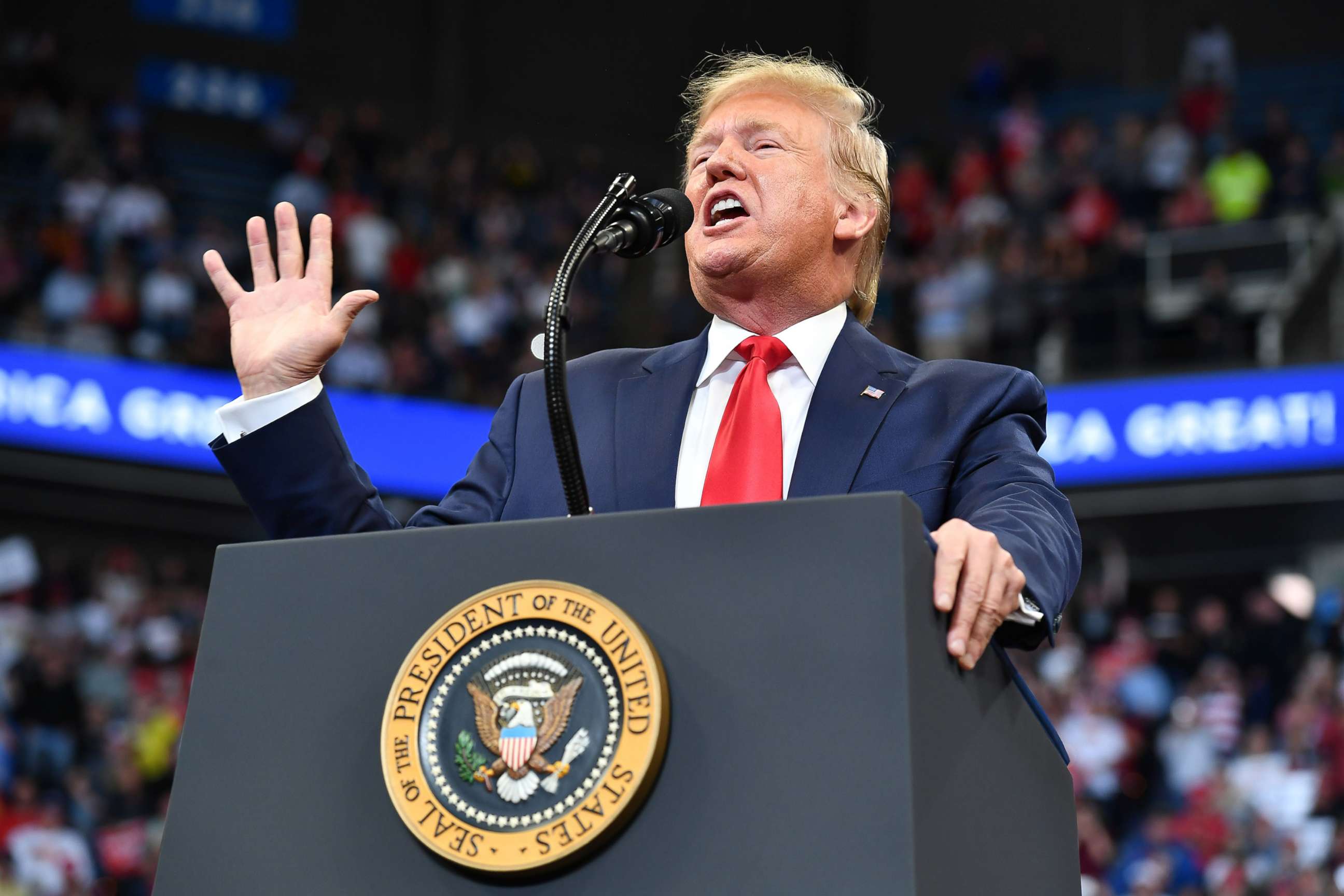 PHOTO: In this file photo taken on November 4, 2019, President Donald Trump gestures as he speaks during a rally at Rupp Arena in Lexington, Kentucky.