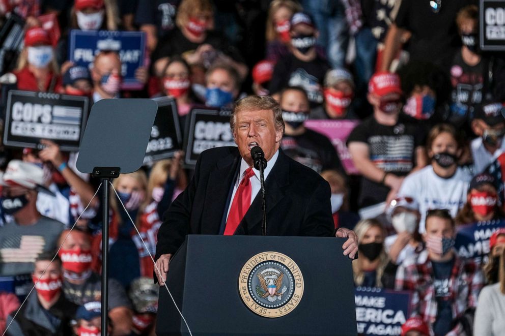 PHOTO: President Donald Trump charges up the crowd while speaking of the need to win the upcoming election during a campaign rally at the Toledo Express Airport on Sept. 21, 2020 in Swanton, Ohio.