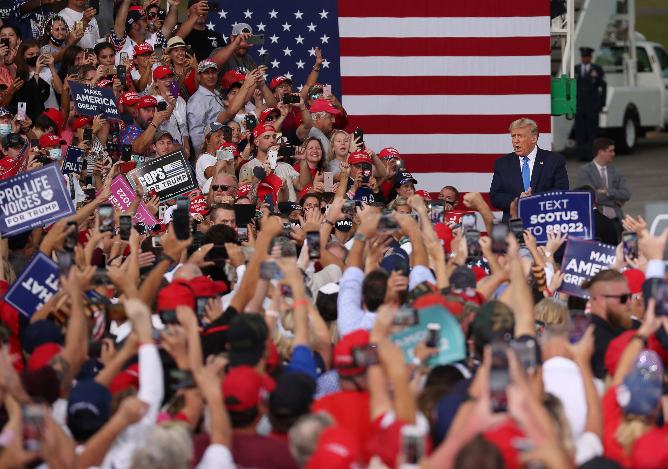 PHOTO: In this Sept. 24, 2020, file photo, President Donald Trump arrives on stage during his, 'The Great American Comeback Rally', at Cecil Airport on Sept. 24, 2020, in Jacksonville, Fla.