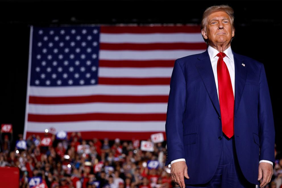 PHOTO:Republican presidential nominee, former President Donald Trump arrives to speak during a campaign rally at Suburban Collection Showplace on Oct. 26, 2024, in Novi, Michigan. 