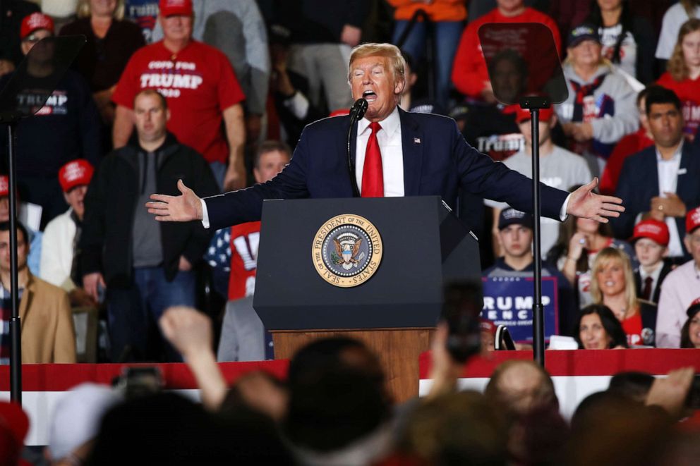 PHOTO: President Donald Trump speaks at a Keep America Great Rally at the Wildwood Convention Center on Jan. 28, 202,0 in Wildwood, New Jersey.