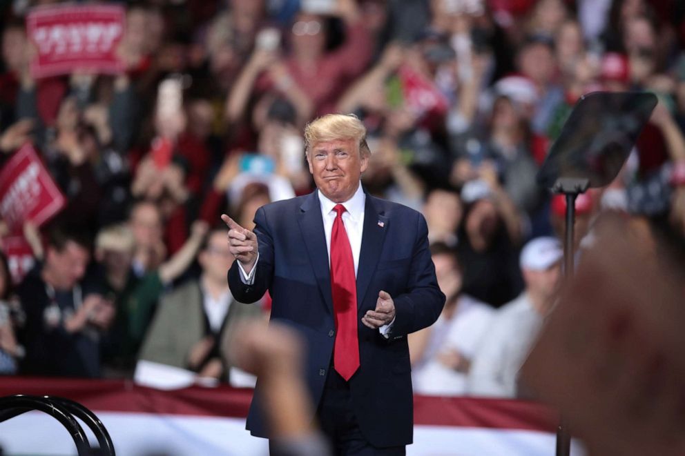 PHOTO: President Donald Trump hosts a Merry Christmas Rally at the Kellogg Arena, Dec. 18, 2019, in Battle Creek, Michigan.