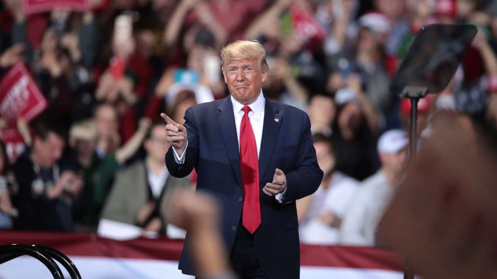 PHOTO: President Donald Trump hosts a Merry Christmas Rally at the Kellogg Arena, Dec. 18, 2019, in Battle Creek, Michigan.