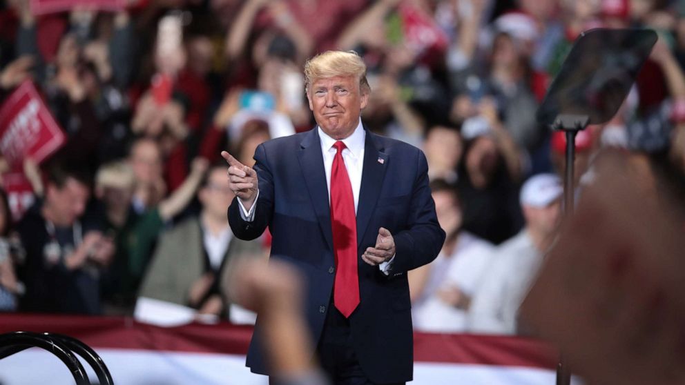 PHOTO: President Donald Trump hosts a Merry Christmas Rally at the Kellogg Arena, Dec. 18, 2019, in Battle Creek, Michigan.
