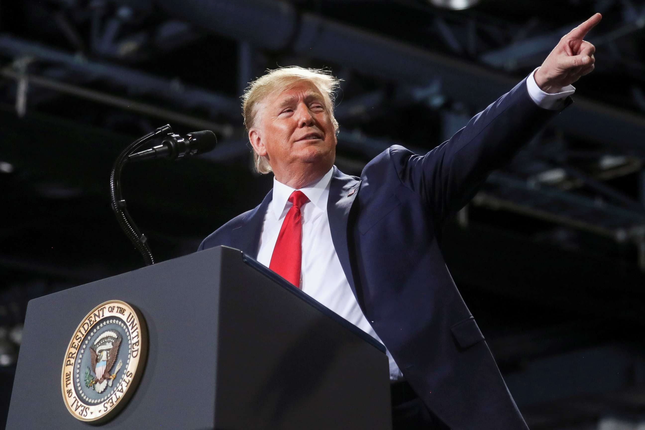 PHOTO: President Donald Trump reacts while speaking during a campaign rally in Battle Creek, Mich., on Dec. 18, 2019.