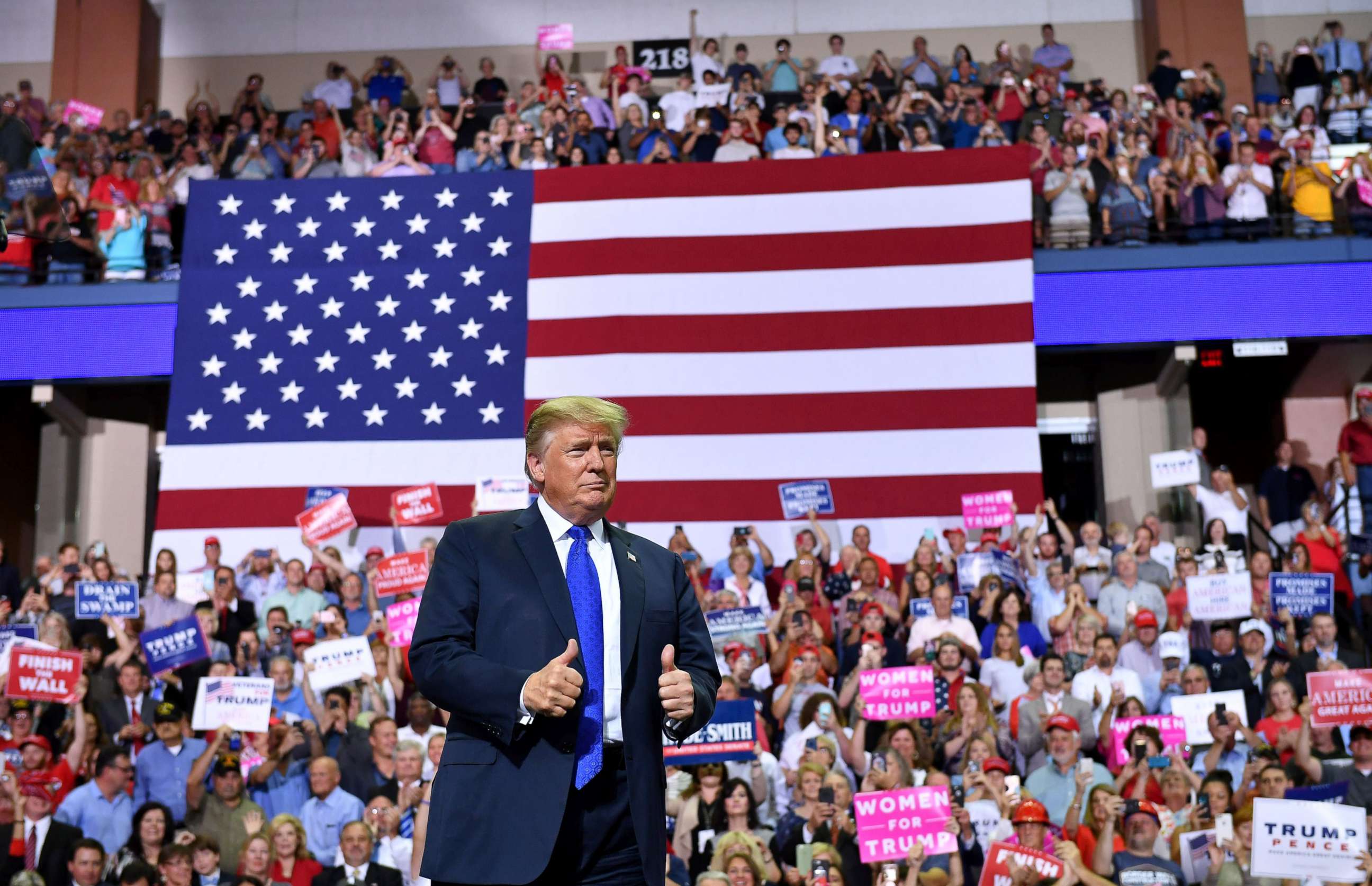 PHOTO: President Donald Trump arrives at a "Make America Great Again" rally at Landers Center in Southaven, Mississippi, Oct. 2, 2018.