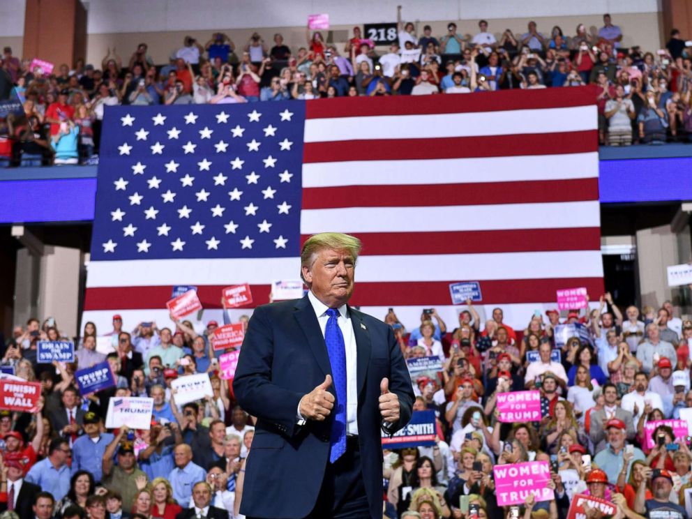 PHOTO: President Donald Trump arrives at the Make America Great Again rally at the Landers Center in Southaven, Mississippi on October 2, 2018.