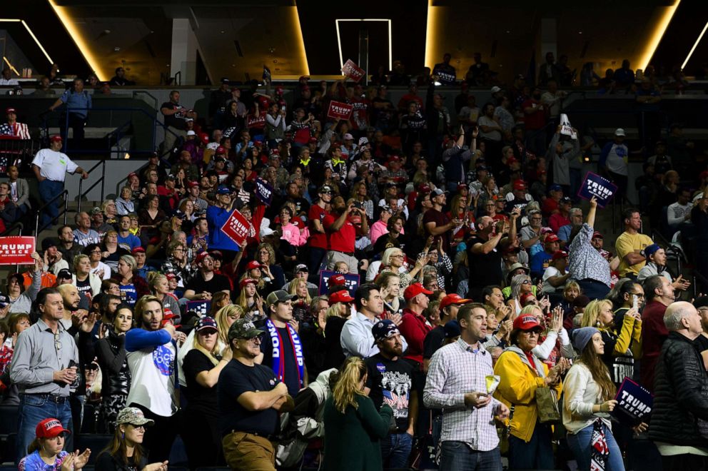 PHOTO: Attendees listen as President Donald Trump speaks on stage during a campaign rally at the Target Center on Oct. 10, 2019 in Minneapolis, Minn.