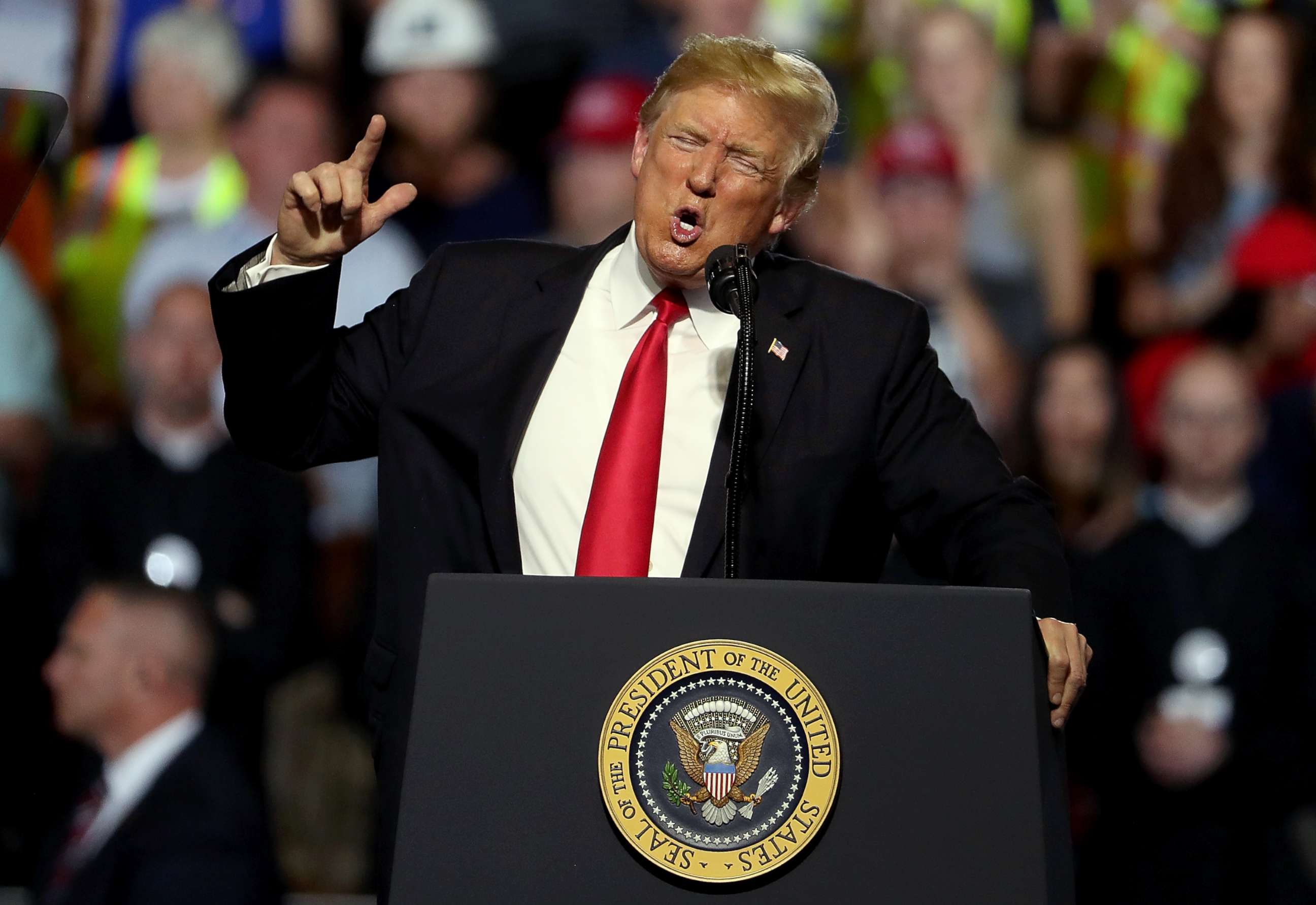 PHOTO: President Donald Trump speaks during a campaign rally at Four Seasons Arena on July 5, 2018 in Great Falls, Mont.