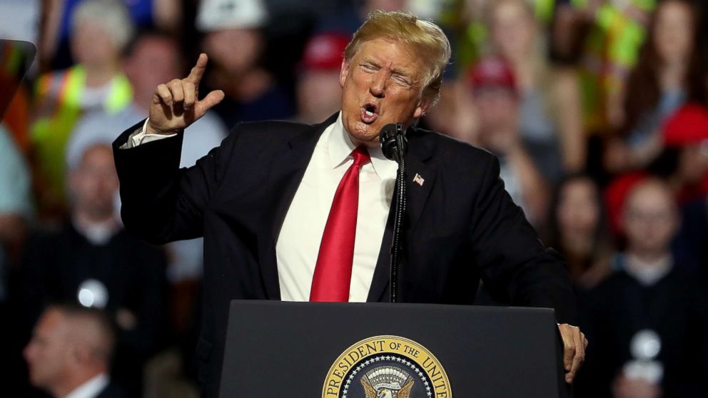 PHOTO: President Donald Trump speaks during a campaign rally at Four Seasons Arena on July 5, 2018 in Great Falls, Mont.