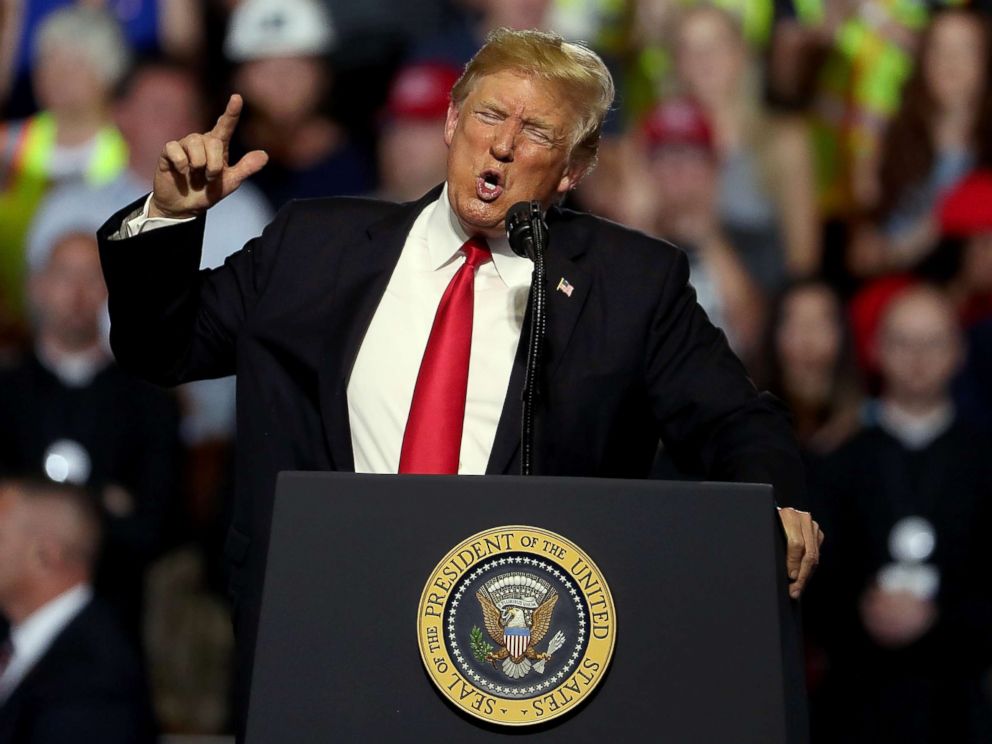 PHOTO: President Donald Trump speaks during a campaign rally at Four Seasons Arena on July 5, 2018 in Great Falls, Mont.