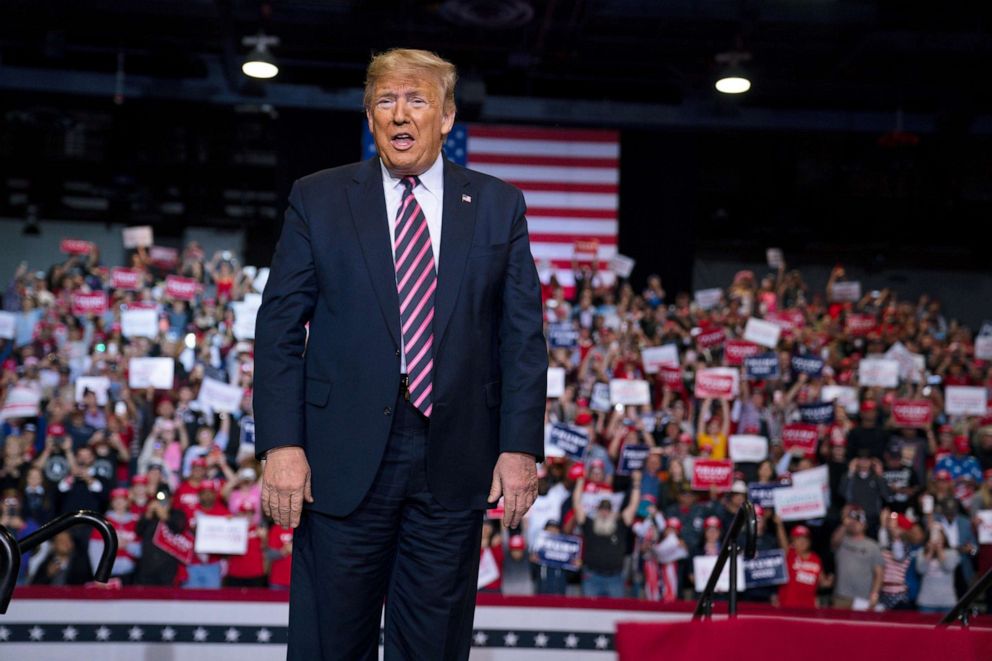 PHOTO: President Donald Trump arrives to speak to a campaign rally at the Las Vegas Convention Center, Feb. 21, 2020, in Las Vegas.
