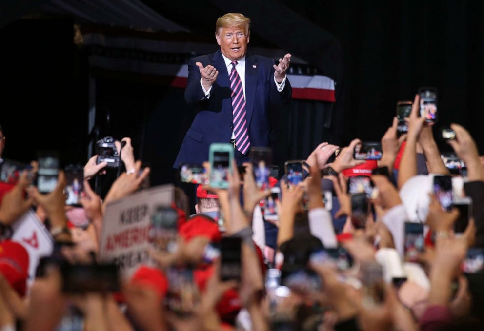 PHOTO: President Donald Trump arrives to speak to a campaign rally at the Las Vegas Convention Center, Feb. 21, 2020, in Las Vegas.