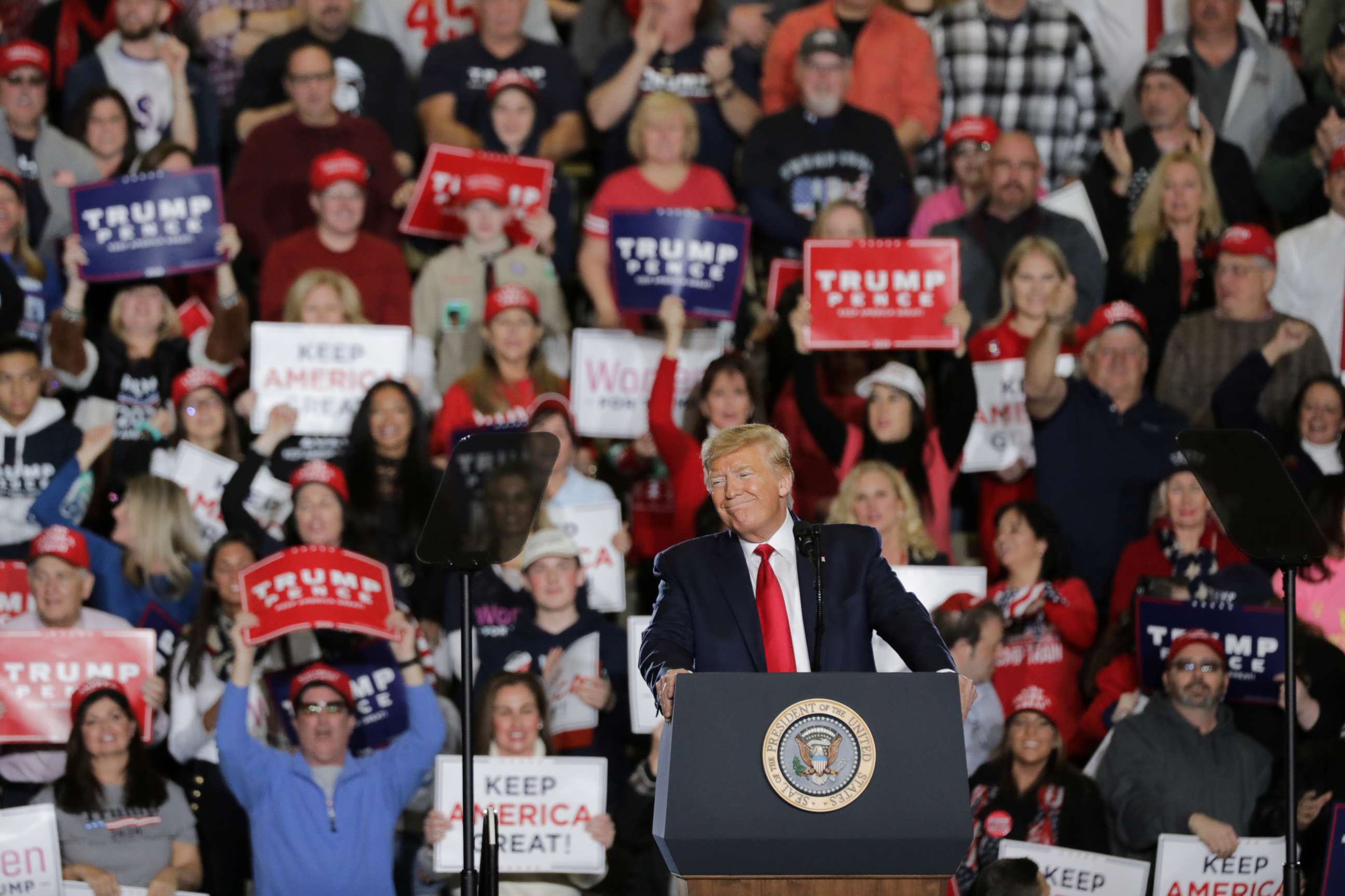 PHOTO: President Donald Trump smiles at his supporters at a campaign rally in Wildwood, New Jersey, Jan. 28, 2020.