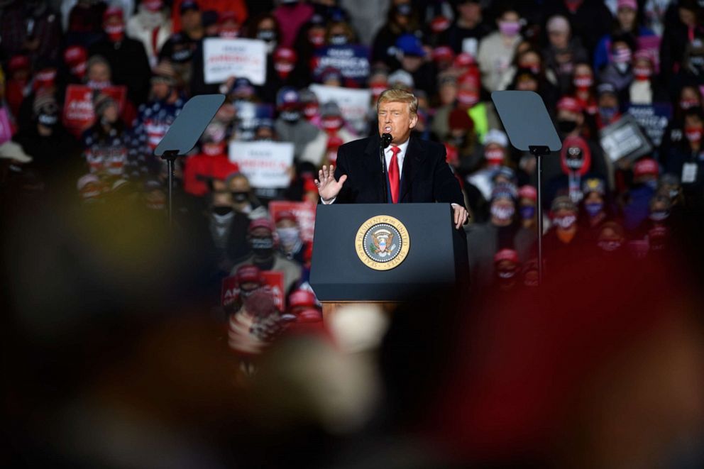 PHOTO: President Donald Trump speaks at a campaign rally at North Coast Air aeronautical services at Erie International Airport on Oct. 20, 2020, in Erie, Pa.