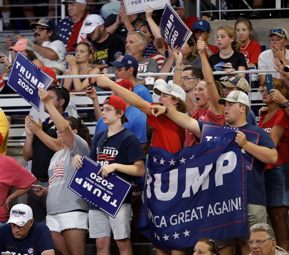 PHOTO: Supporters of President Donald Trump cheer at a campaign rally in Greenville, N.C., July 17, 2019.