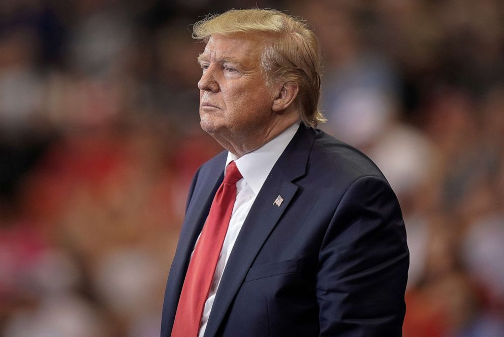 PHOTO: President Donald Trump pauses during an address at a campaign rally in Cincinnati, Ohio, Aug. 1, 2019.