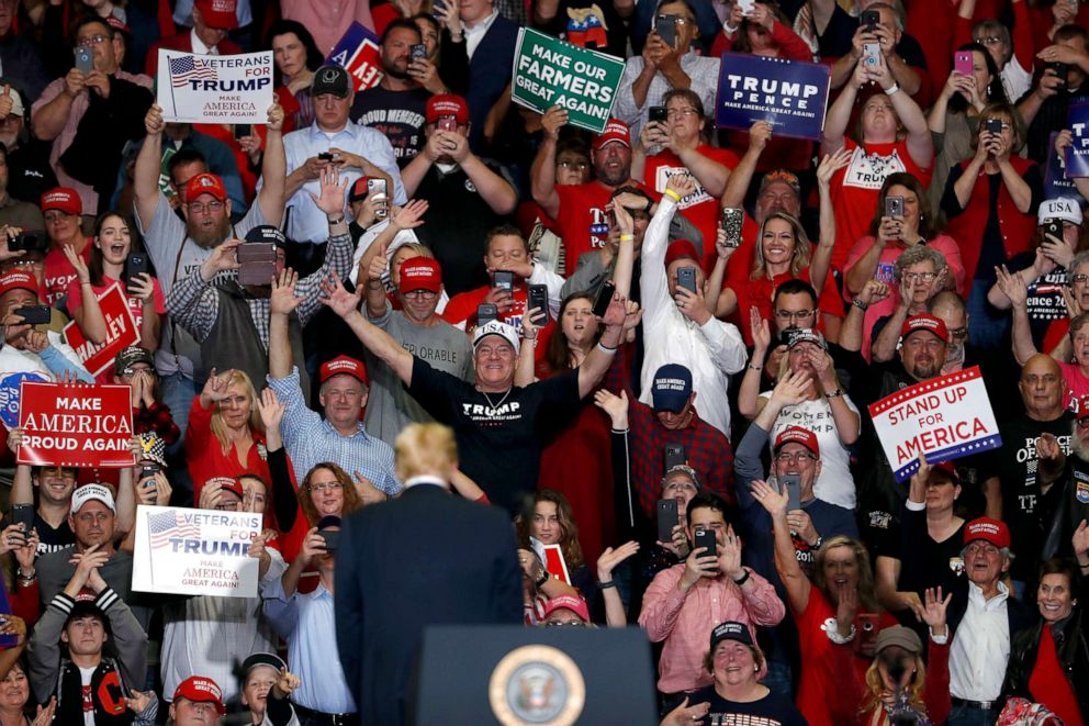 PHOTO: Members of the audience cheer as President Donald Trump leaves the stage at the end of a campaign rally, Nov. 5, 2018, in Cape Girardeau, Mo.