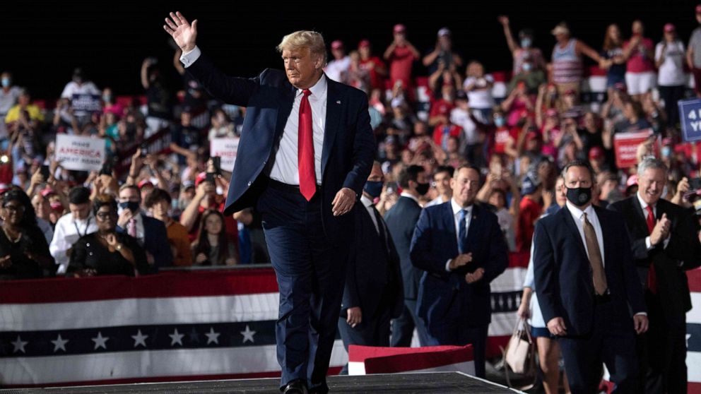 PHOTO: President Donald Trump waves at the end of a Make America Great Again rally as he campaigns in Gastonia, N.C., Oct. 21, 2020.