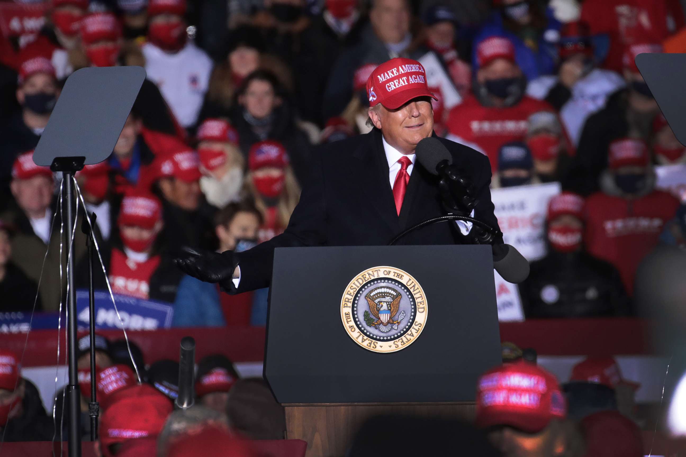 PHOTO: President Donald Trump speaks to supporters during a campaign rally at the Kenosha Regional Airport, Nov. 2, 2020, in Kenosha, Wisconsin.