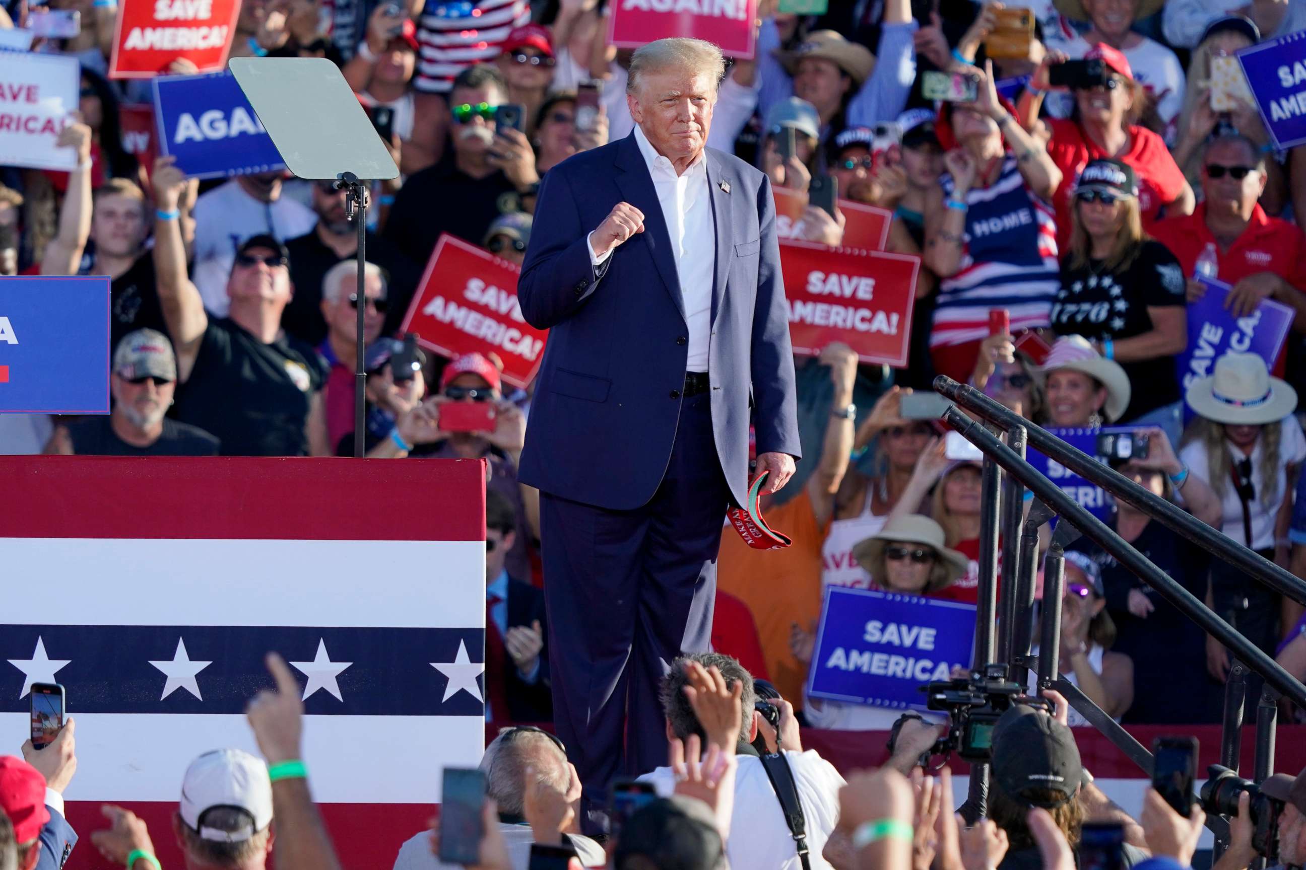 PHOTO: Former President Donald Trump acknowledges supporters at a rally, Sunday, Oct. 9, 2022, in Mesa, Ariz.