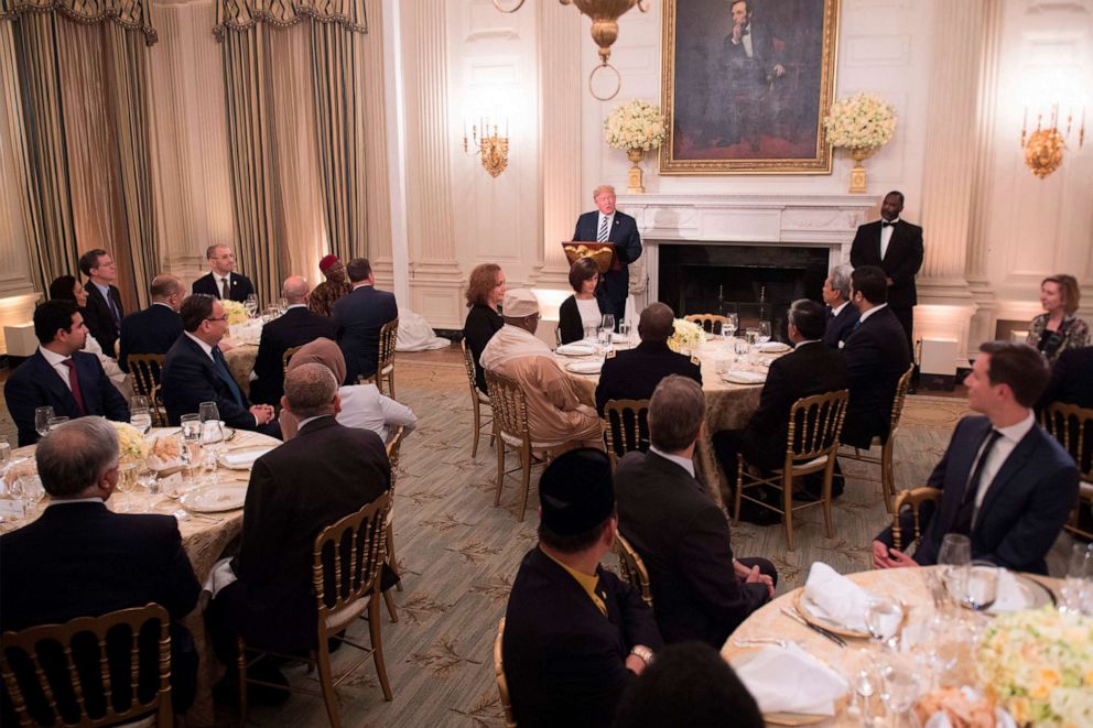 PHOTO: President Donald Trump speaks during an iftar dinner hosted at the White House in Washington, June 6, 2018.